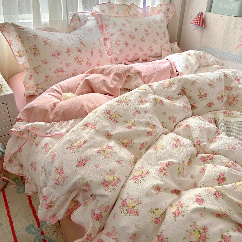 Juego de Ropa de Cama Ruffles Estilo Floral Funda de Edredón Funda de Almohada con Sábana Juego de Ropa de Cama Amigable con la Piel Ropa de Cama para Habitación de Niñas