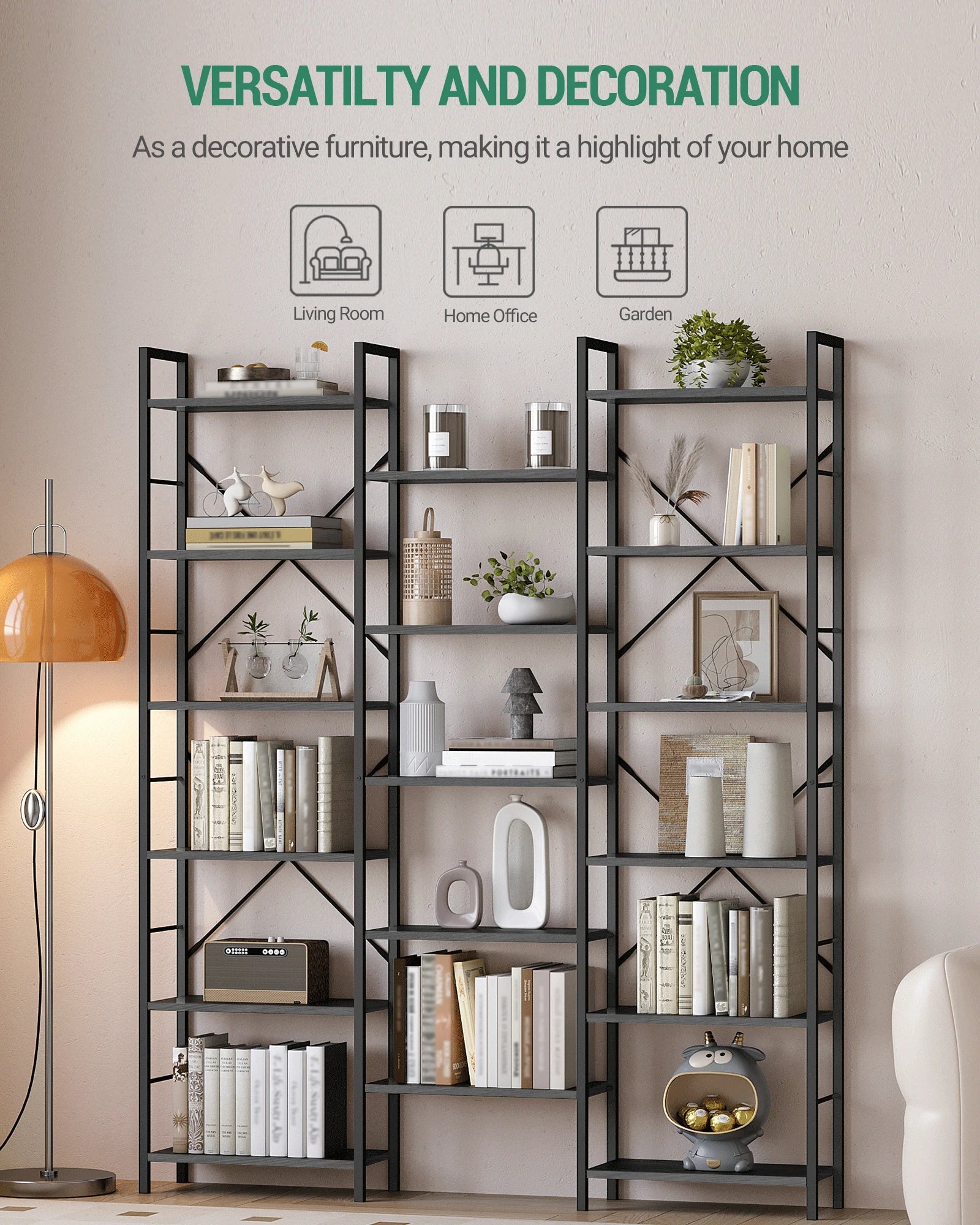 Librería, estantería de pie con 17 estantes, espaciado ajustable, estantería para libros con estructura metálica, para sala de estar o dormitorio.