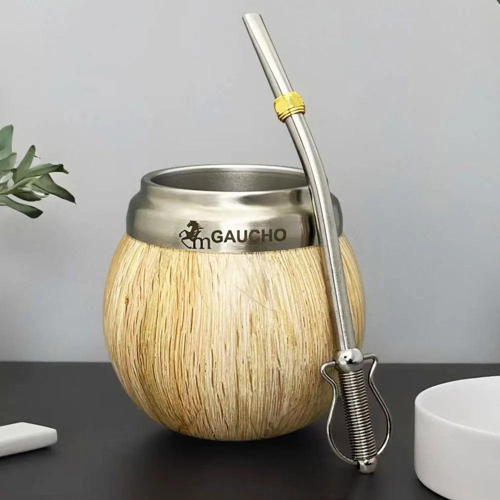 Juego de mate Gaucho Yerba Mate de acero inoxidable con forma de calabaza, 210 ml, aislamiento térmico, filtro extraíble, pajita, bombilla y cepillo de limpieza.