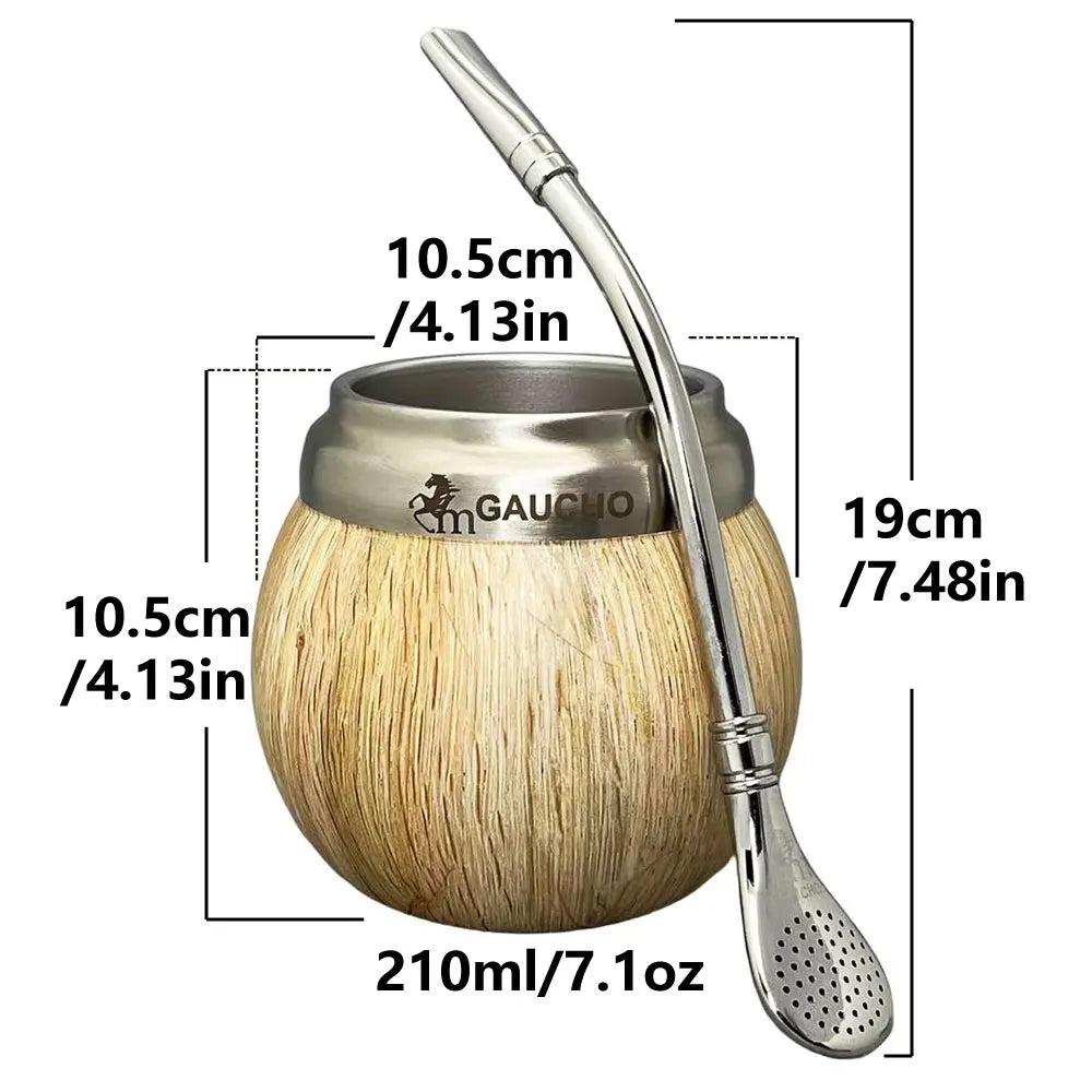 Juego de mate Gaucho Yerba Mate de acero inoxidable con forma de calabaza, 210 ml, aislamiento térmico, filtro extraíble, pajita, bombilla y cepillo de limpieza.