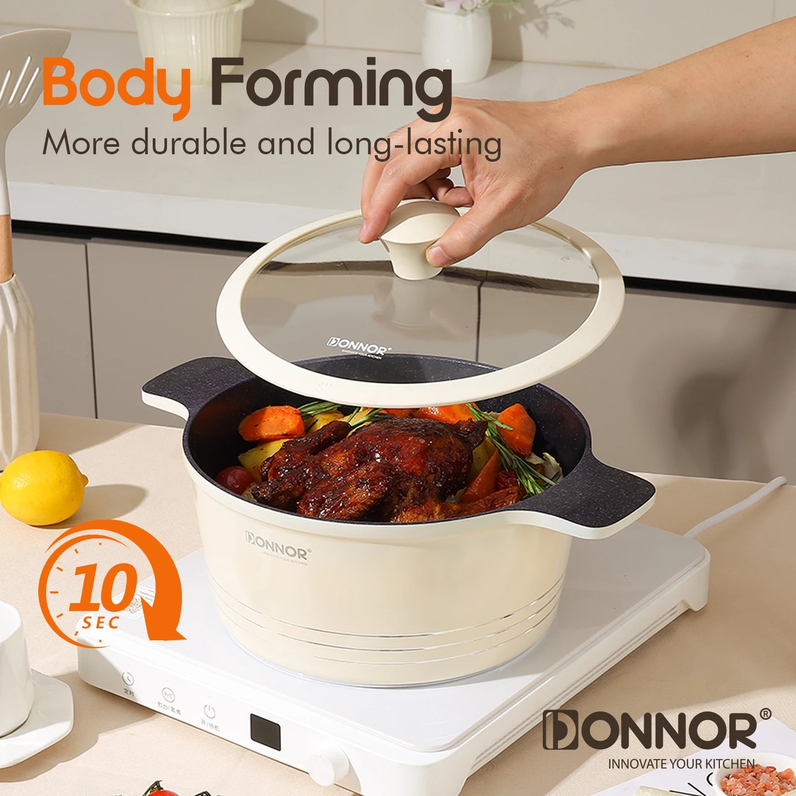 Juego de utensilios de cocina de cerámica DONNOR, juego de utensilios de cocina antiadherentes saludables aptos para placas de inducción y lavavajillas. Libre de PFAS, PFOA y PTFE.