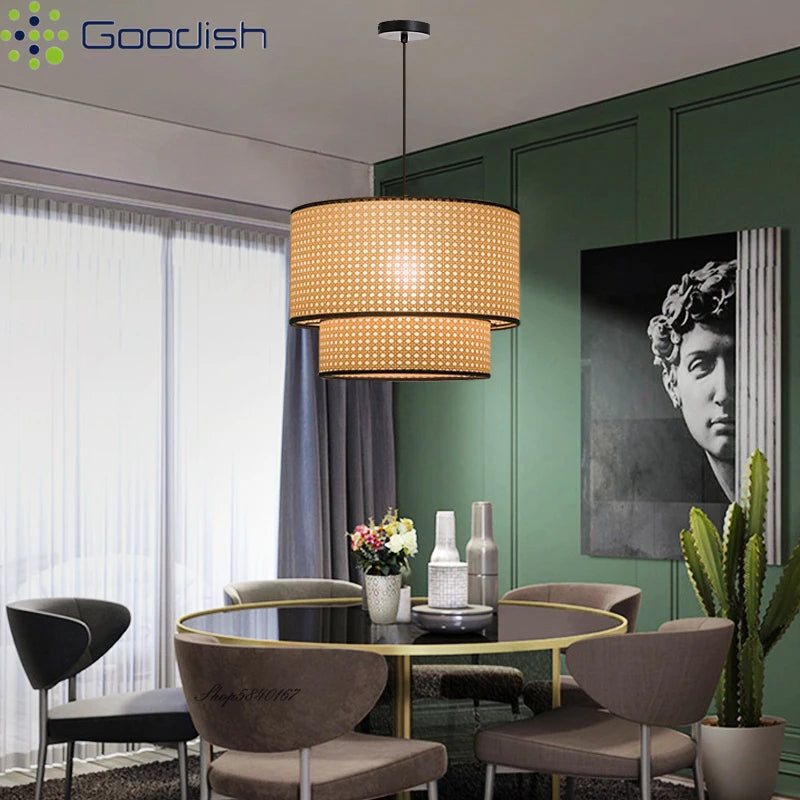 Lámpara colgante LED de ratán y mimbre Wabi-sabi hecha a mano, arte nórdico, lámparas creativas tejidas a mano para la decoración de la cocina y el hogar.