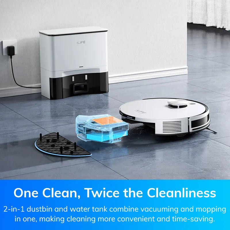 ILIFE A30 PRO, aspiradora y fregona robot con potencia de succión de 5000 Pa, vaciado automático, capacidad para 60 días, control por aplicación/mando a distancia, autonomía de 180 minutos.