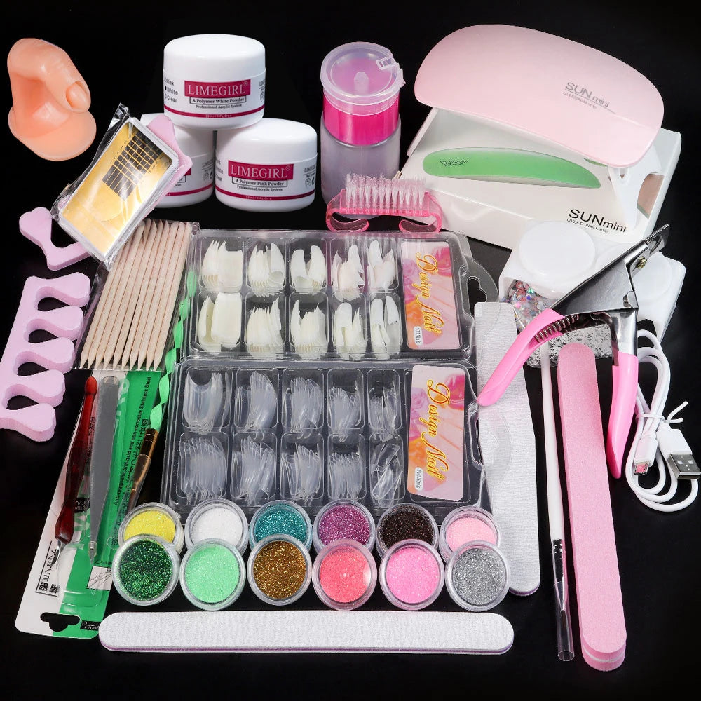 Polvo acrílico para uñas y monómero líquido para decoración de uñas, kit de manicura, purpurina de cristal para uñas, puntas de uñas 3D, herramientas para esculpir uñas