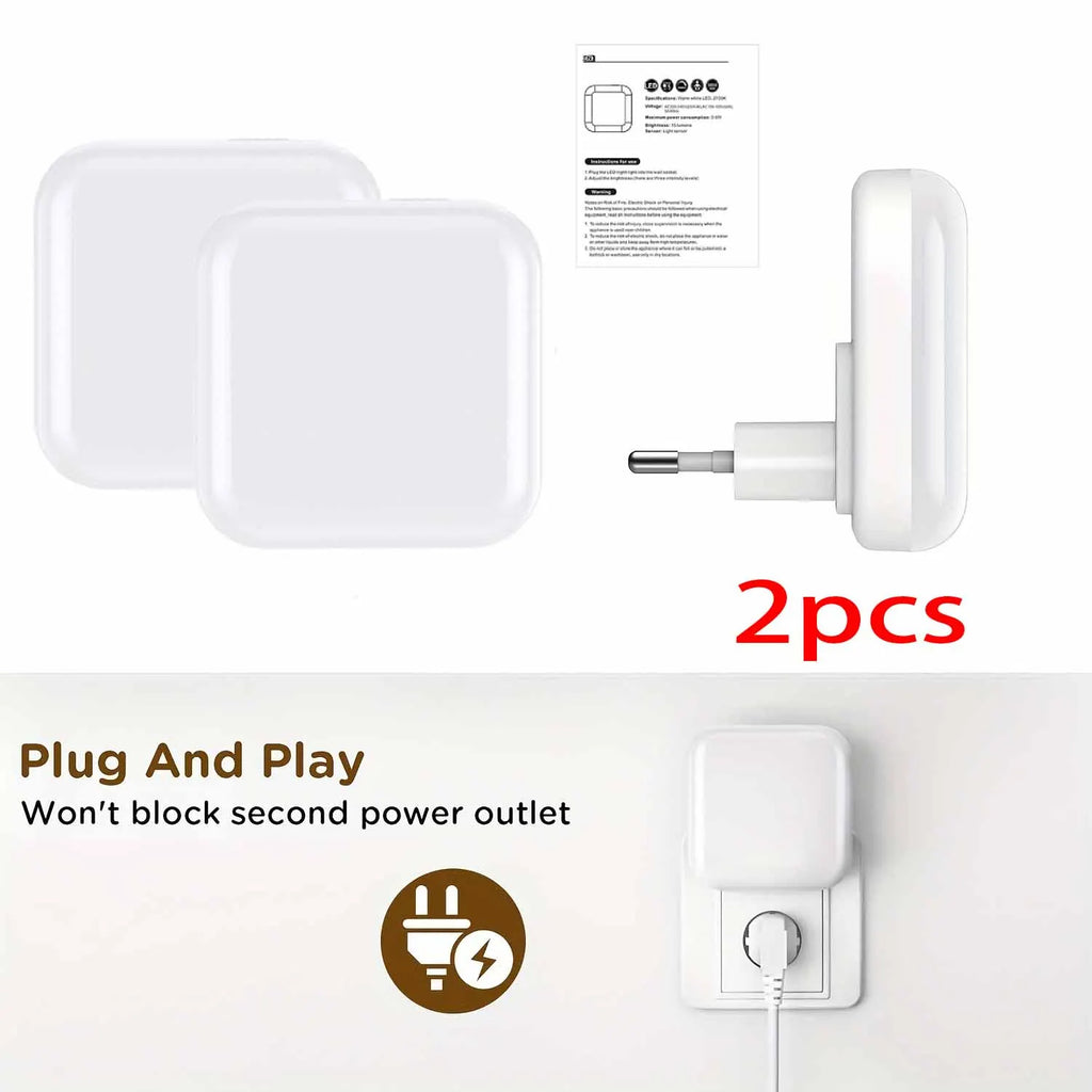 1 o 2 luces nocturnas LED enchufables a la pared, con sensor de luz crepuscular, 0,5 W, luz nocturna cuadrada enchufable, 2700 K, luz cálida.
