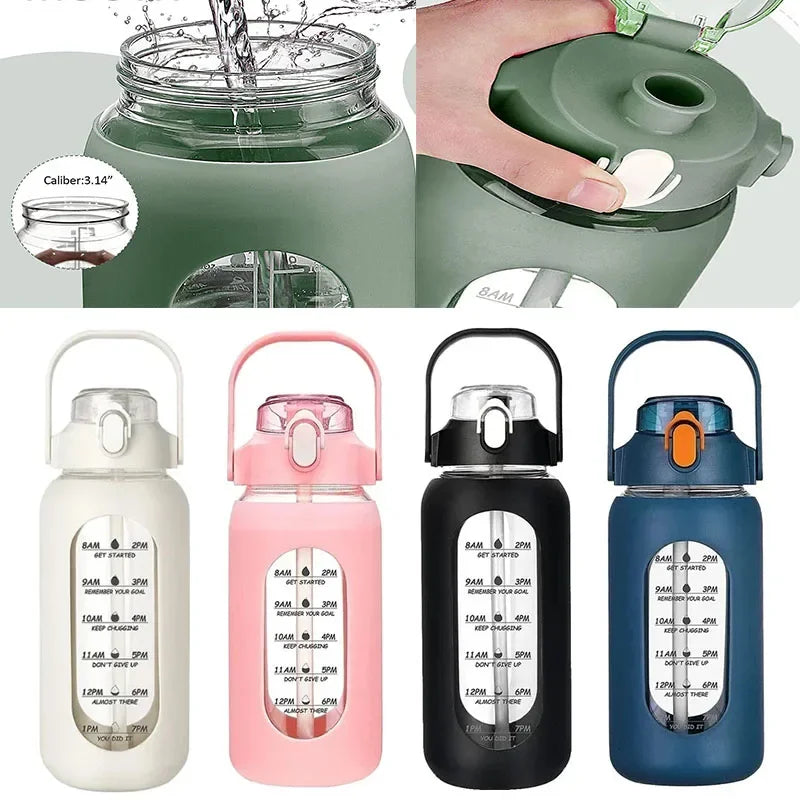 Botella de vidrio nueva de 946 ml/1656 ml/1892 ml (modelo 2024) con funda de silicona para pajita y marcador de tiempo. Ideal para camping, hogar, oficina y gimnasio.
