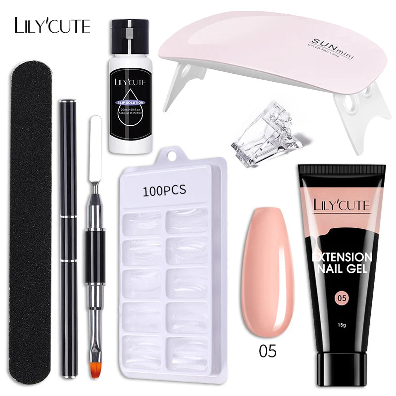 Kit de gel para extensión de uñas LILYCUTE de 15 ml, gel UV, acrílico, blanco, transparente, rosa, esmalte de uñas, lámpara LED, set de manicura para decoración de uñas.