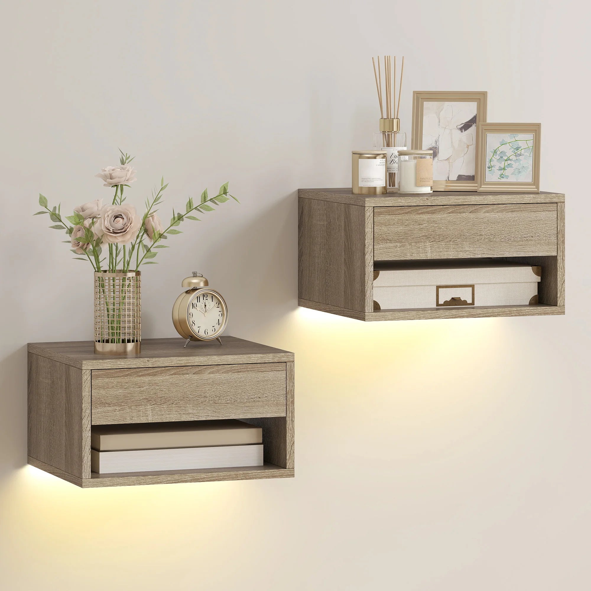 Juego de 2 mesitas de noche flotantes Homcom con luces LED RGB y control por aplicación, mesitas de noche para dormitorio con cajón y estante abierto, ideales para sala de estar, 37 x 32 x 21 cm.