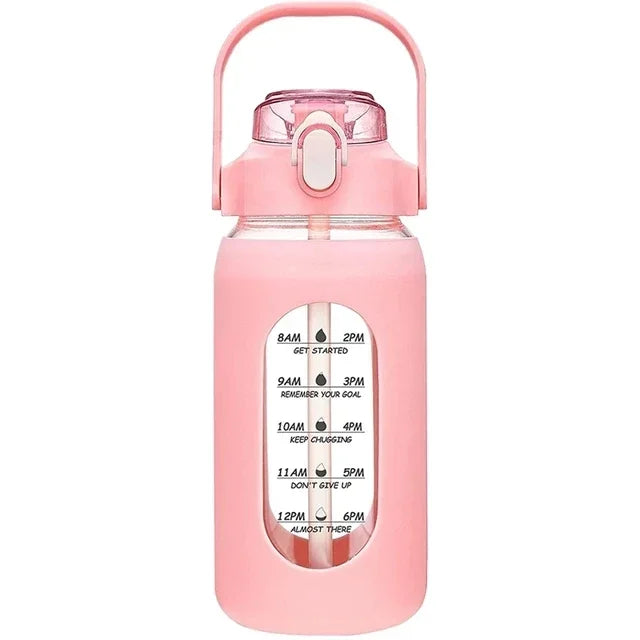 Botella de vidrio nueva de 946 ml/1656 ml/1892 ml (modelo 2024) con funda de silicona para pajita y marcador de tiempo. Ideal para camping, hogar, oficina y gimnasio.