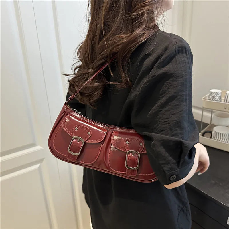 Bolso baguette de piel sintética: bolso de mano con dos bolsillos y bandolera para mujer | Colección otoño/invierno 2025, color liso, estilo vintage Y2K