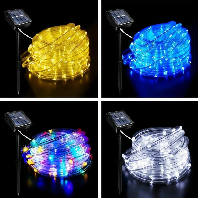 Tira de luces LED solares, tubo de cuerda, guirnalda de luces solares, decoración navideña para exteriores, jardín, césped, árbol, patio, valla.