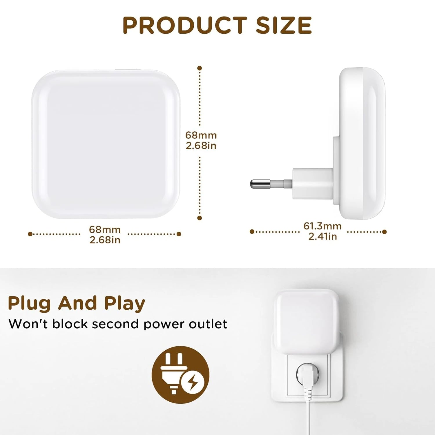 1 o 2 luces nocturnas LED enchufables a la pared, con sensor de luz crepuscular, 0,5 W, luz nocturna cuadrada enchufable, 2700 K, luz cálida.