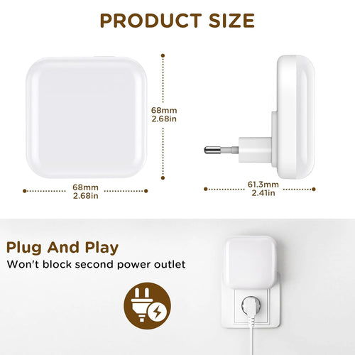 1 o 2 luces nocturnas LED enchufables a la pared, con sensor de luz crepuscular, 0,5 W, luz nocturna cuadrada enchufable, 2700 K, luz cálida.