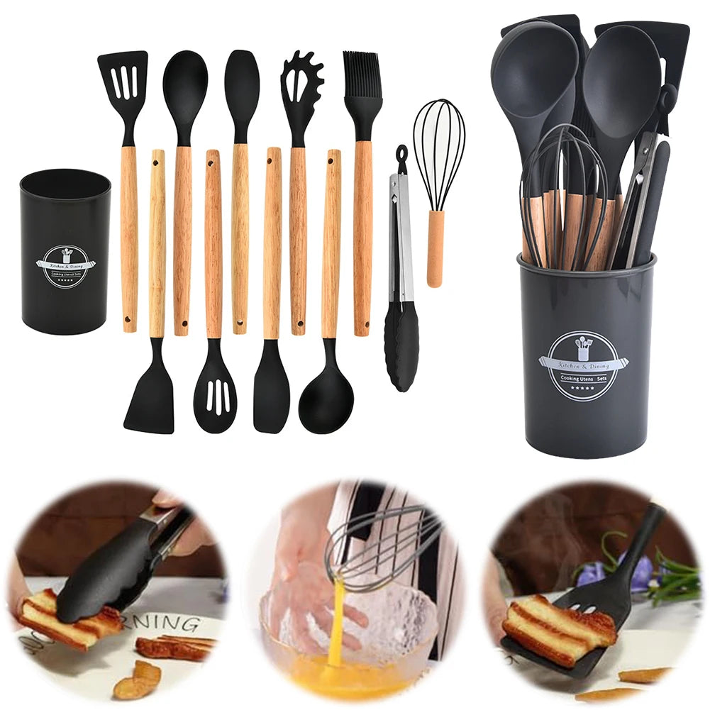 Juego de 12 piezas de utensilios de cocina de silicona antiadherentes: espátula, pala, cuchara, brocha, batidor, mango de madera.