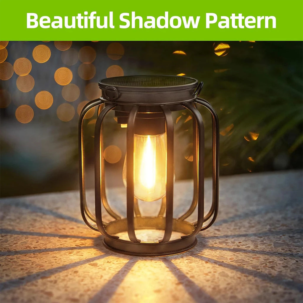 Linterna solar exterior impermeable con luz LED, lámparas de jardín de 3000k con sensor de luz diurna y cadena duradera para exteriores. Carcasa metálica hueca.