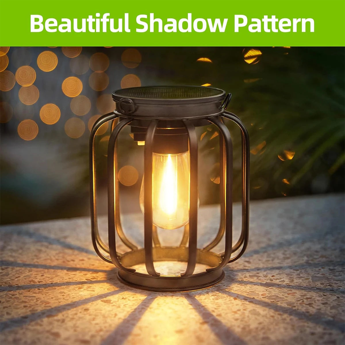 Linterna solar exterior impermeable con luz LED, lámparas de jardín de 3000k con sensor de luz diurna y cadena duradera para exteriores. Carcasa metálica hueca.