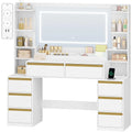 Tocador de 135 cm con espejo LED, tomas de corriente, 8 cajones, estantes abiertos, color blanco y dorado, personalizado.