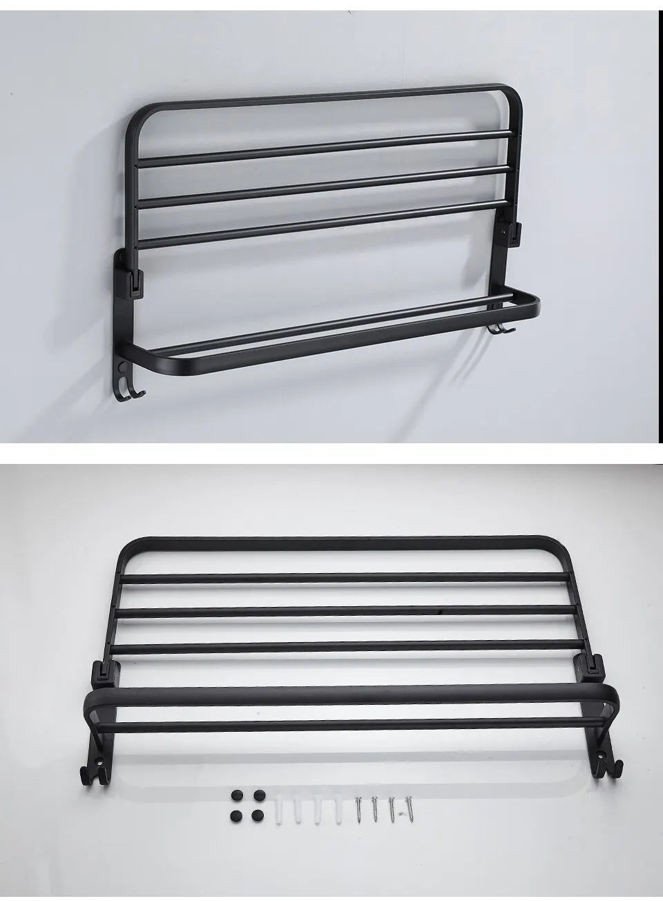 Toallero plegable de aluminio de 50 cm en negro mate con gancho para montaje en pared.