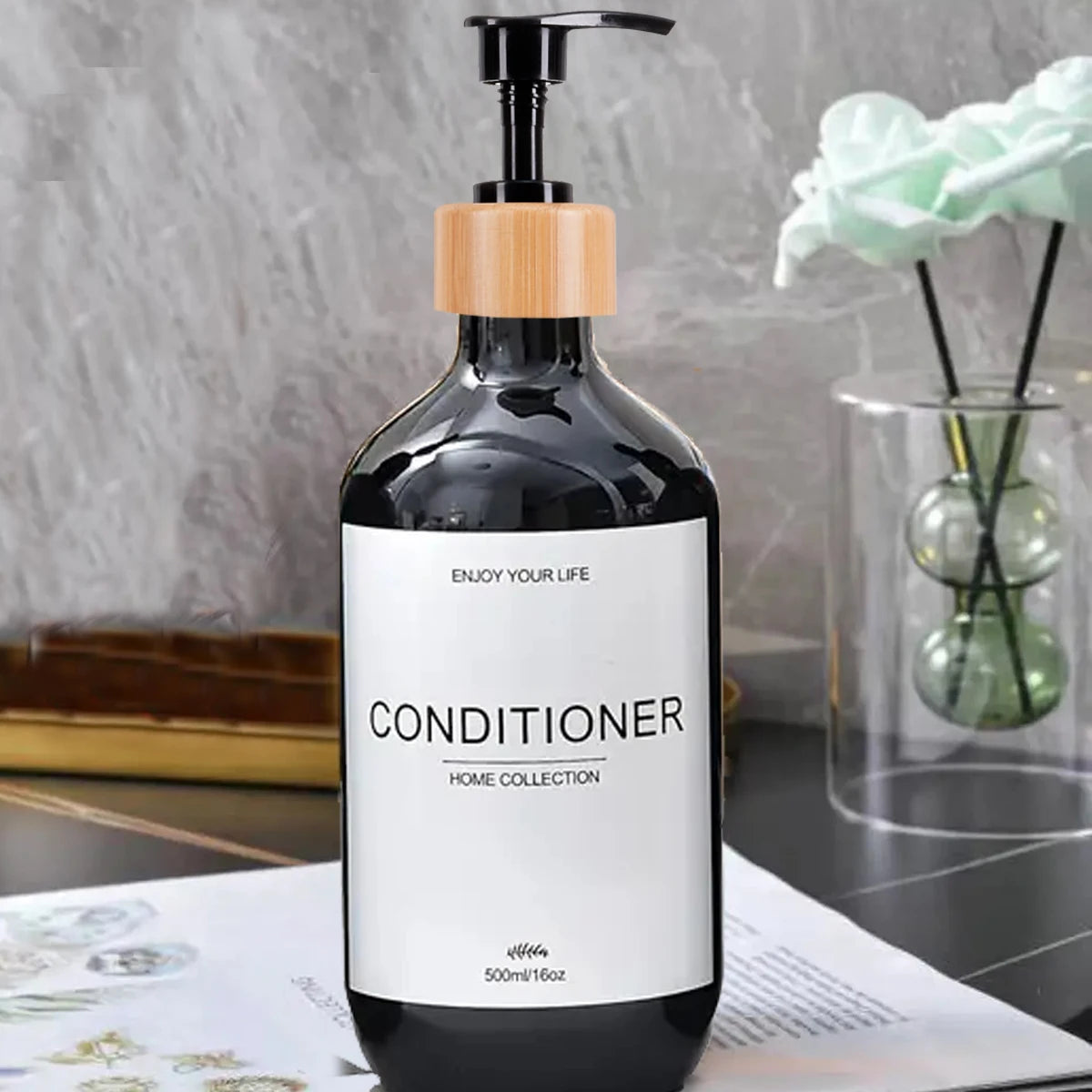 Juego de dispensadores de champú para baño de 500 ml, botellas de acondicionador y gel de ducha recargables, dispensador con decoración rústica, botellas de almacenamiento.