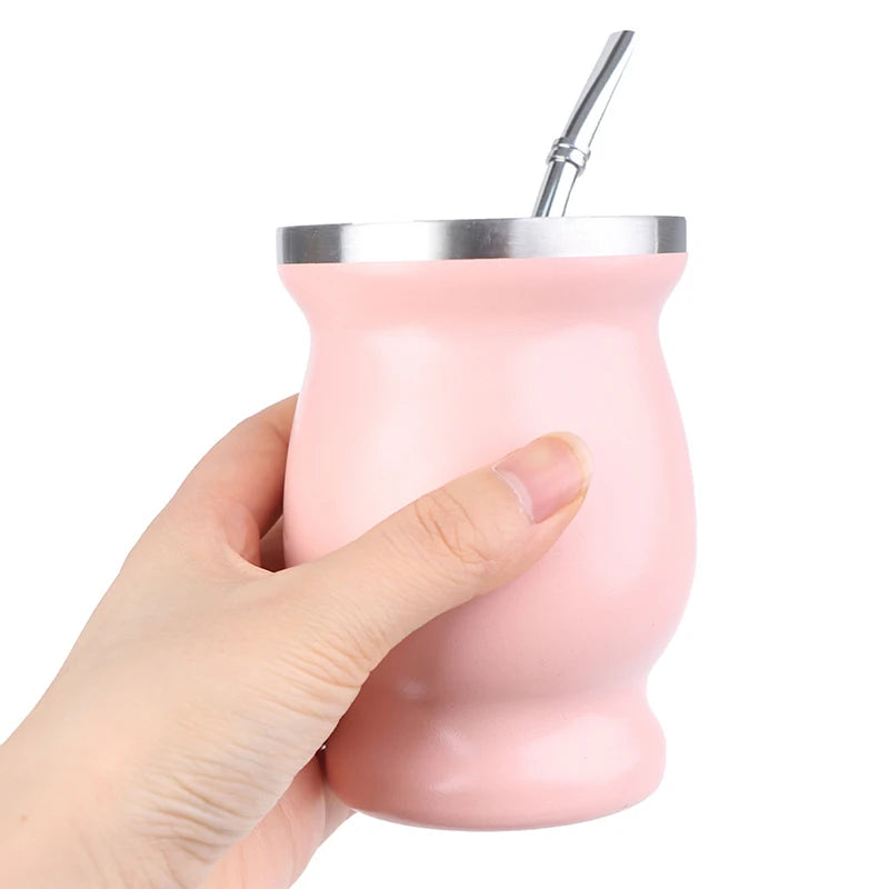 Juego de bombillas de 8 oz, calabaza para yerba mate, taza doble de acero inoxidable con cuchara y cepillo, aislamiento térmico antiescaldaduras.