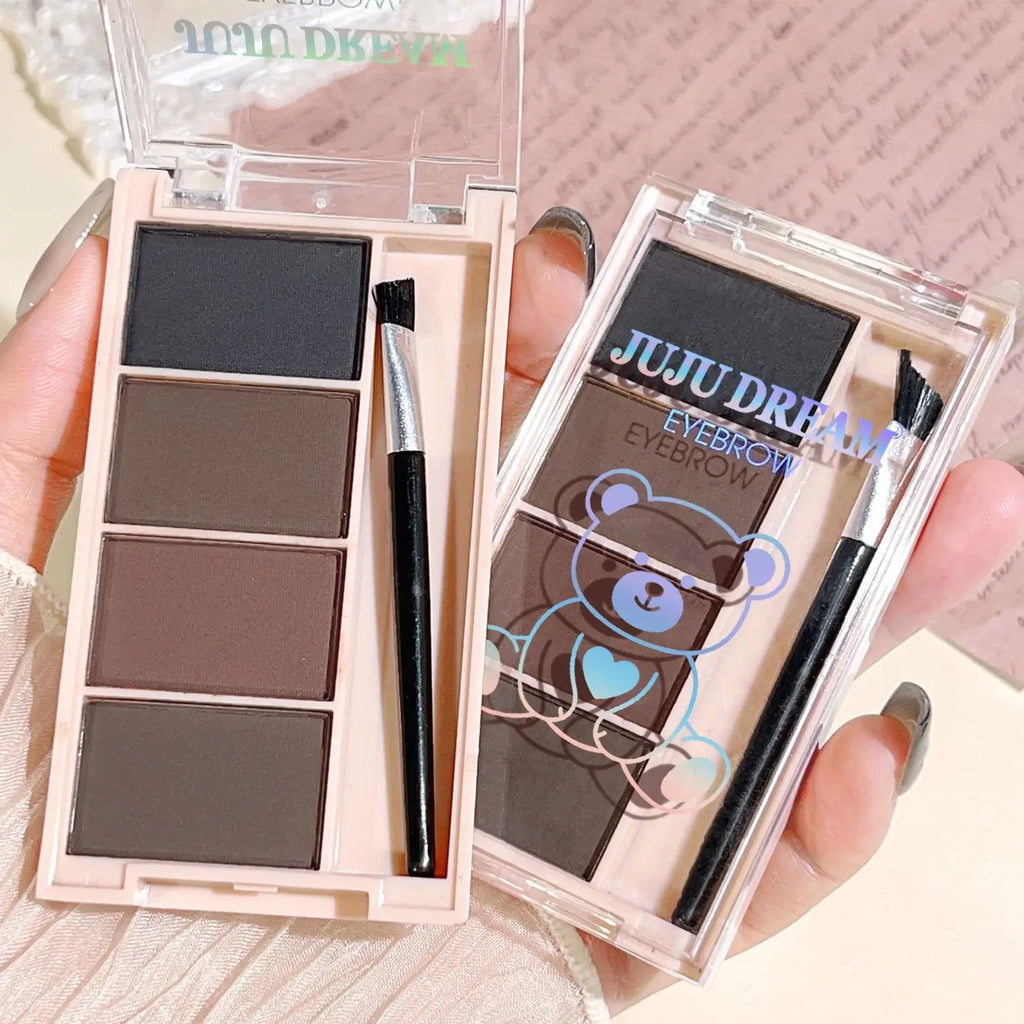 Un juego de bandejas de polvo para cejas de 4 colores con pinceles en tonos gris y marrón mate para una reproducción de color duradera, relleno y definición.