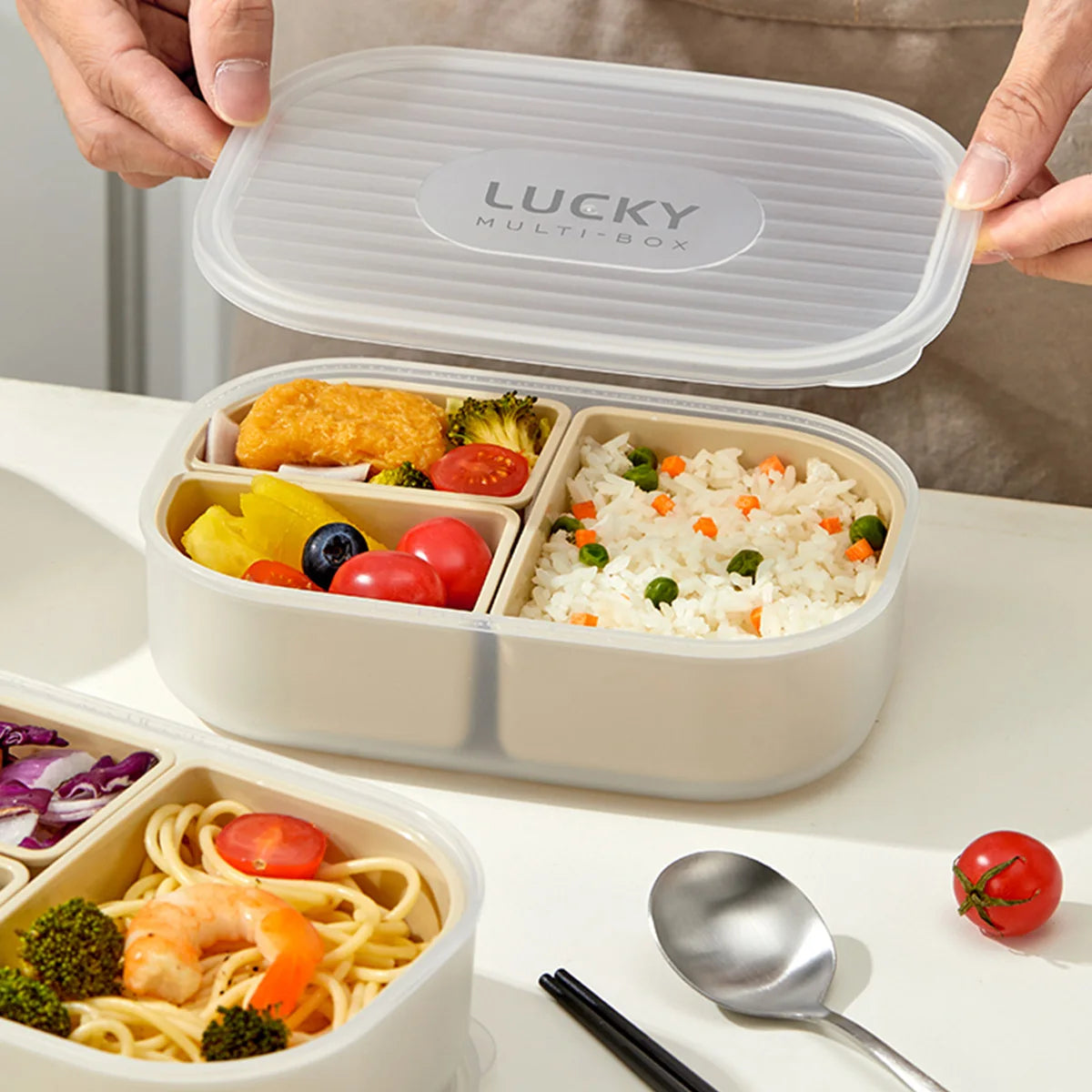 WORTHBUY Tupper de Almuerzo de Plástico para Microondas con 3 Rejillas, Caja Bento de Frutas Portátil y Desmontable, Contenedor de Comida Apilable para Escuela y Oficina
