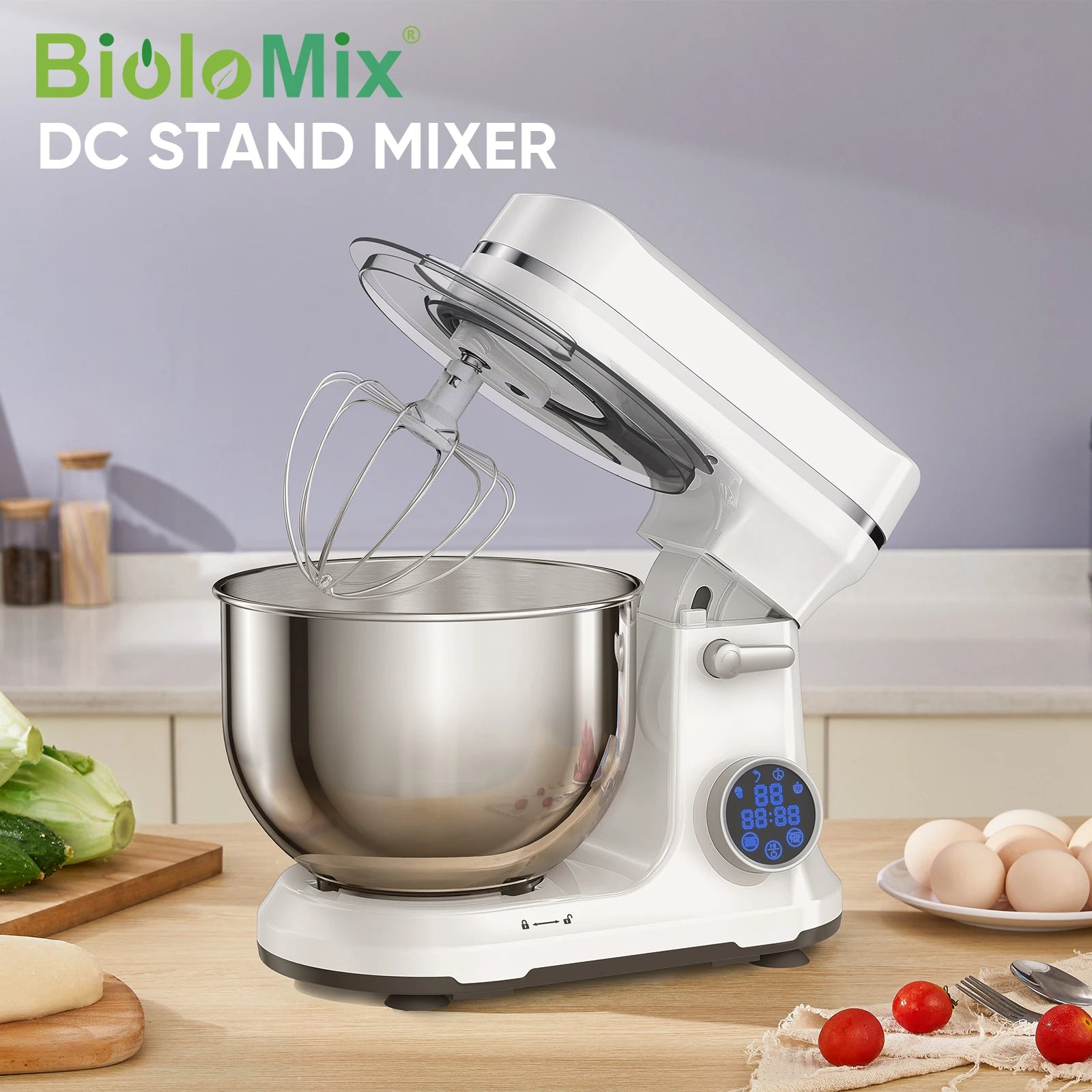 Batidora de pie BioloMix Kitchen, motor de CC de 1200 W y 11 velocidades, pantalla digital OLED, batidora eléctrica con gancho amasador y varillas.