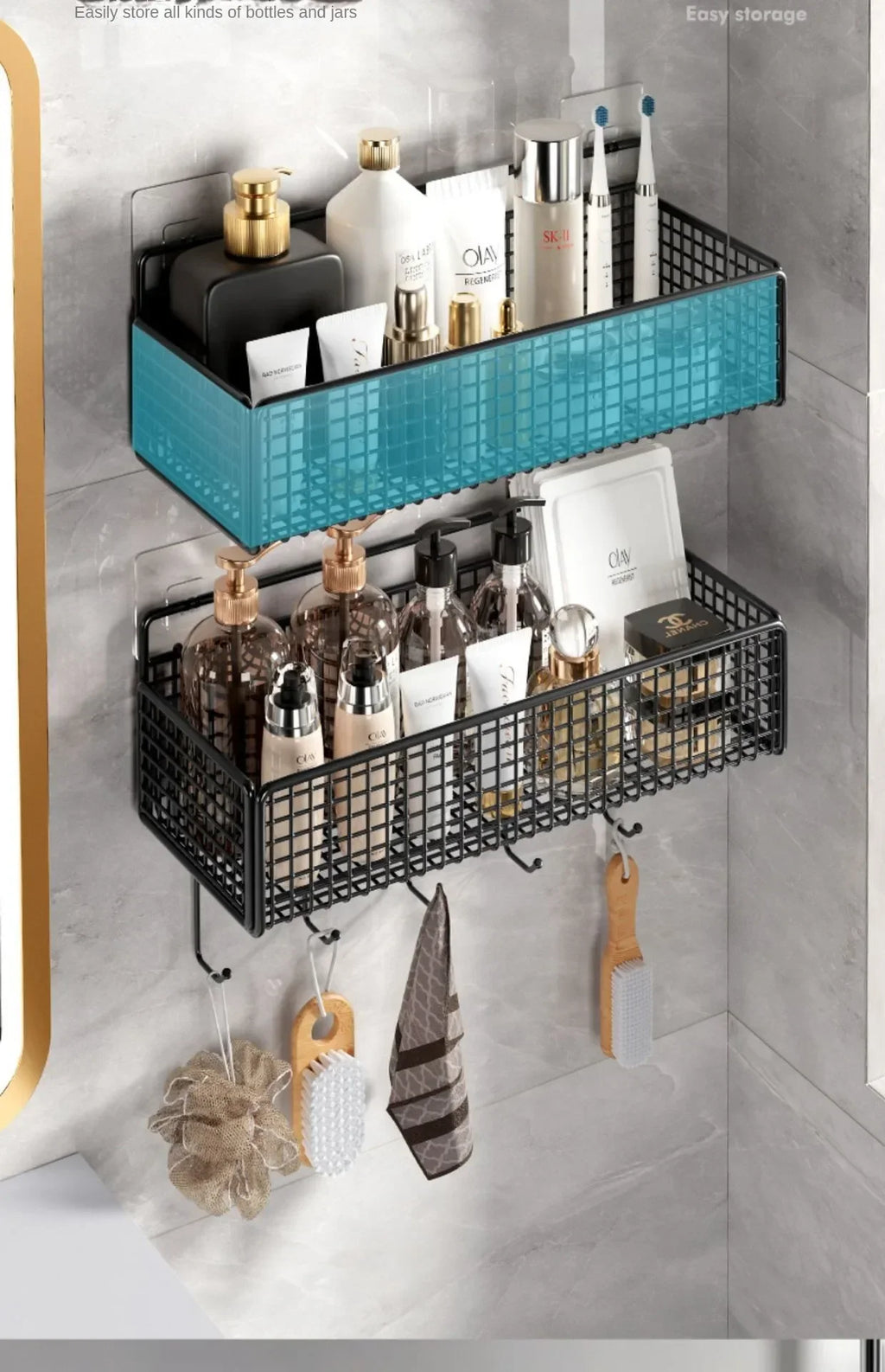 Organizador de baño multifuncional para artículos de aseo, estante de baño sin perforaciones, estante de almacenamiento de pared para baño y cocina.