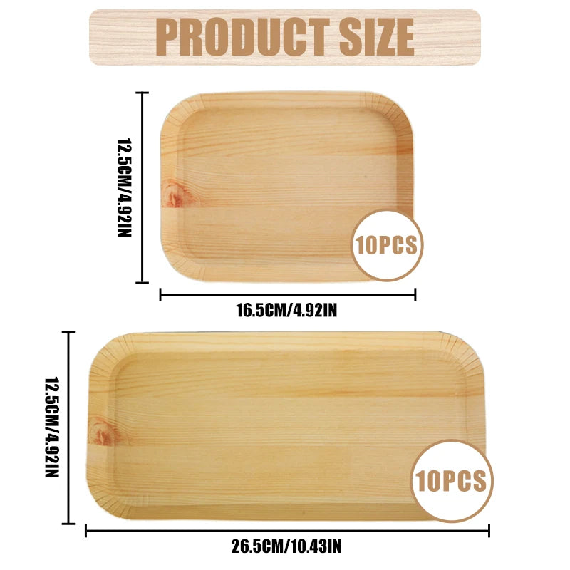 10/20 unidades de platos rectangulares desechables de madera, bandeja de papel, vajilla para postres, pan y ensaladas, accesorios de mesa para cenas y fiestas.