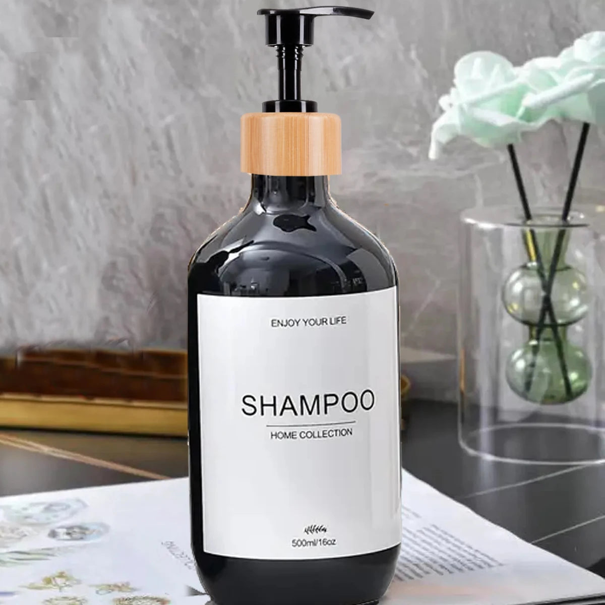 Juego de dispensadores de champú para baño de 500 ml, botellas de acondicionador y gel de ducha recargables, dispensador con decoración rústica, botellas de almacenamiento.