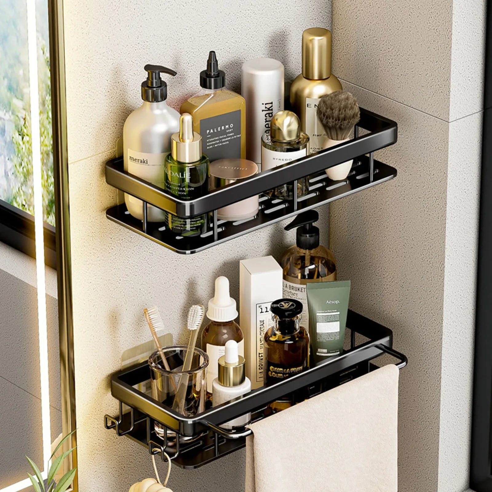 Estante de baño sin taladro DE ALUMINIO , montaje en pared, estante de esquina para botella de champú, estante de almacenamiento.