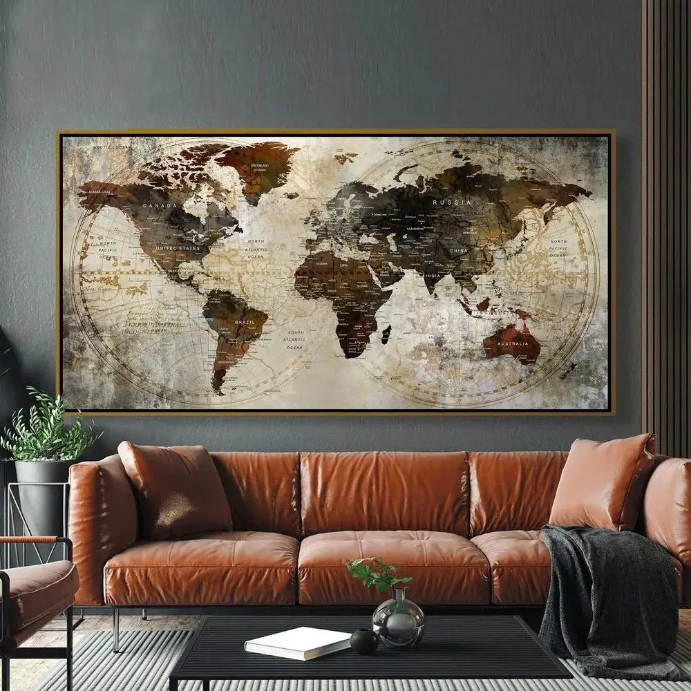 Arte en lienzo de mapa mundial moderno Póster decorativo para paredes de sala y dormitorio