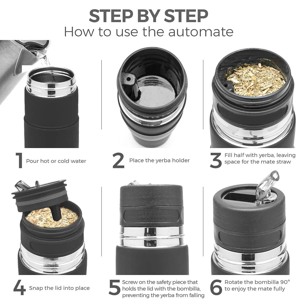 TERMO de acero inoxidable con aislamiento al vacío, portátil con pajita filtrante, para preparar té de hojas sueltas y yerba mate.