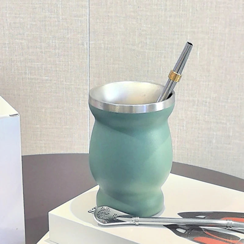 Mate de acero inoxidable 304 de doble pared de 237 ml (8 oz) con pajita, cuchara y cepillo de limpieza.