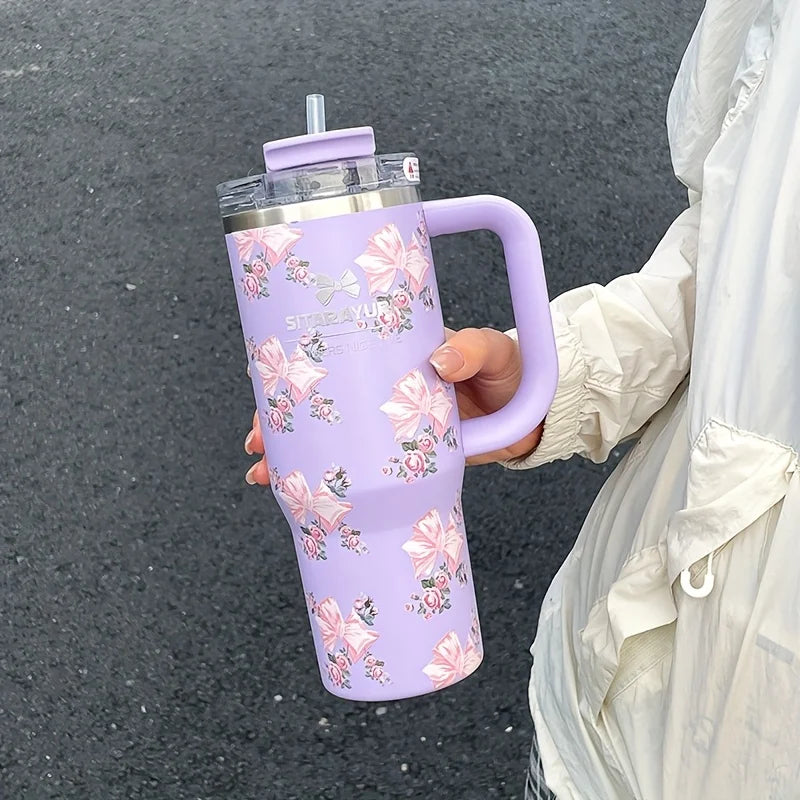 Vaso térmico de acero inoxidable con aislamiento al vacío de 900 ml con estampado floral y pajita, ideal para mantener las bebidas frías. Regalo de cumpleaños para mujeres.