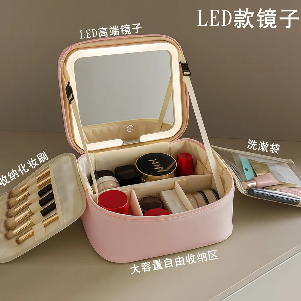 Nuevo neceser de maquillaje LED de alta gama 2026, bolsa de aseo portátil de gran capacidad para viajes, con espejo y caja de luz.