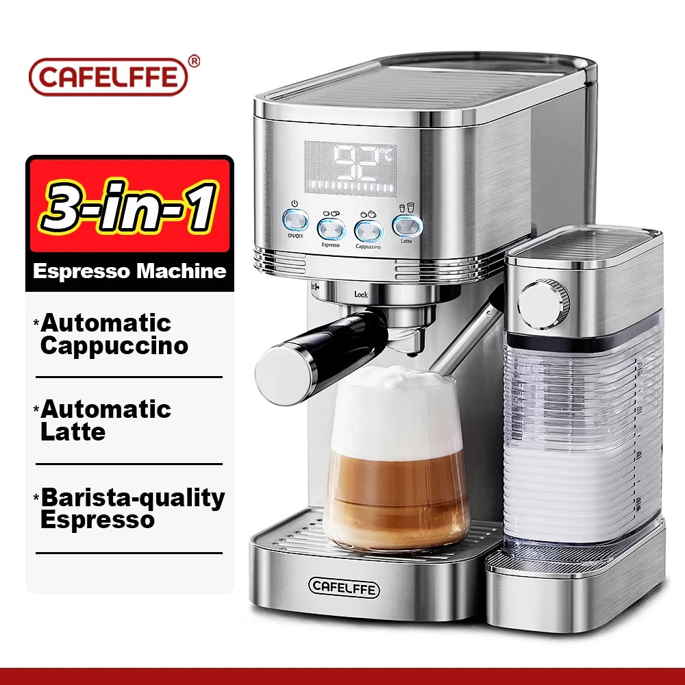 Cafetera Cafelffe Cafetería automática Cappuccino Latte Espresso Máquina totalmente automática Espumador de leche Acero inoxidable 3 en 1
