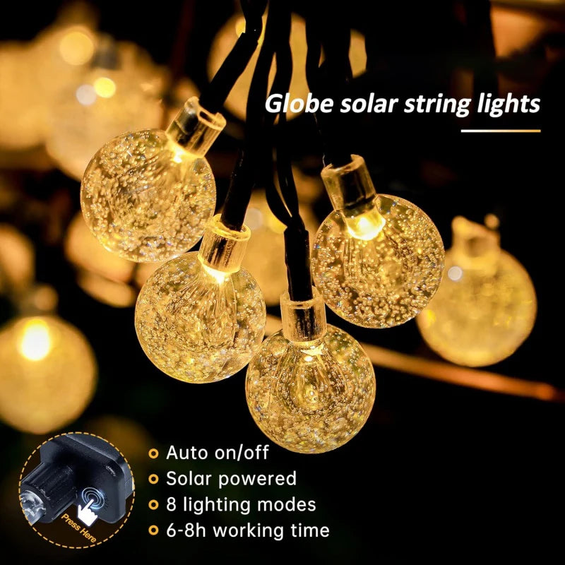 Guirnalda de luces solares tipo globo con 4 opciones de color, luces de hadas impermeables para exteriores con 8 modos para bodas, patios, fiestas y decoración del hogar.