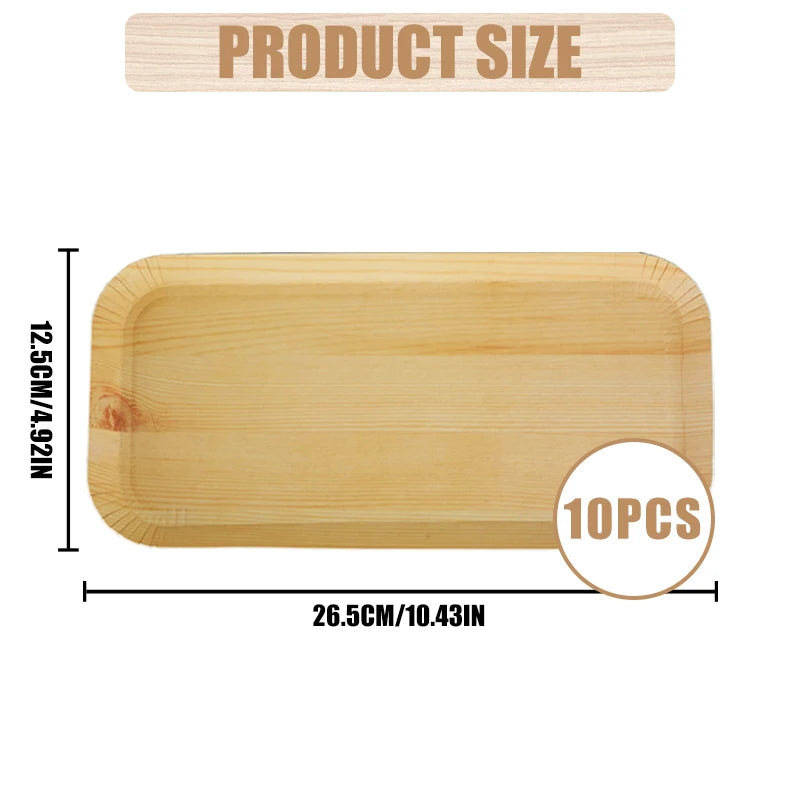 10/20 unidades de platos rectangulares desechables de madera, bandeja de papel, vajilla para postres, pan y ensaladas, accesorios de mesa para cenas y fiestas.