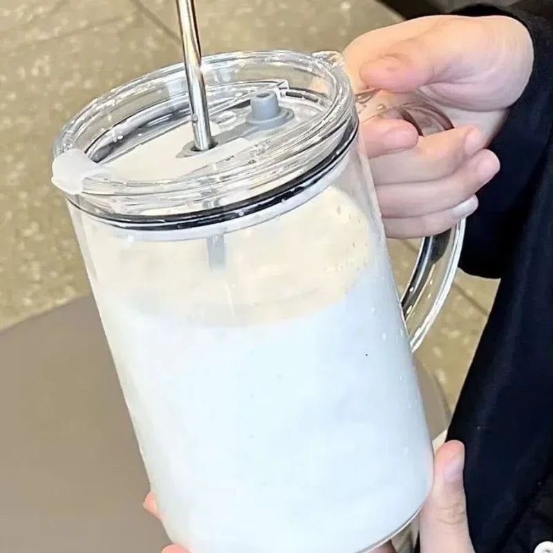 Vaso de vidrio de 1000 ml con tapa y pajita. Taza de café de vidrio transparente. Tazas para jugo, moca, leche y jugo.