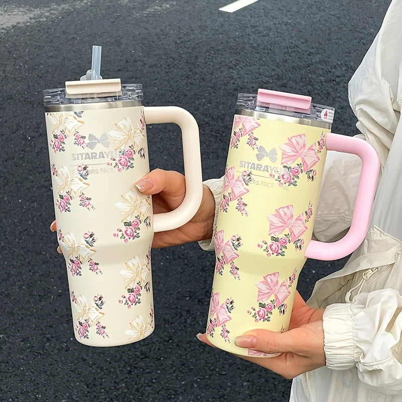 Vaso térmico de acero inoxidable con aislamiento al vacío de 900 ml con estampado floral y pajita, ideal para mantener las bebidas frías. Regalo de cumpleaños para mujeres.