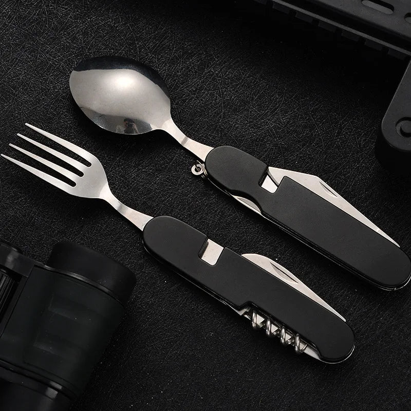 Juego de cucharas soperas 4 en 1: cuchara plegable, cuchillo, tenedor, abridor de botellas, acero inoxidable, kit de bolsillo plegable, vajilla para exteriores.