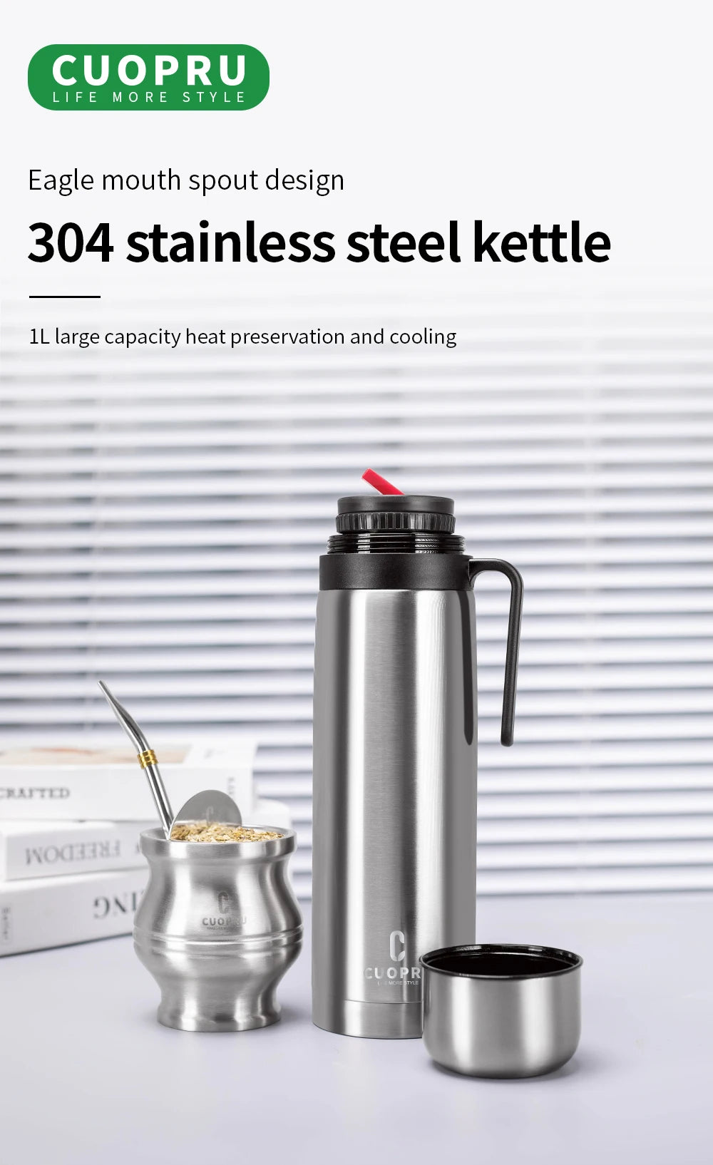 Kit de Yerba Mate - Incluye mate moderno, bombilla, cepillo de limpieza y termo - Acero inoxidable 304 de primera calidad (plateado)
