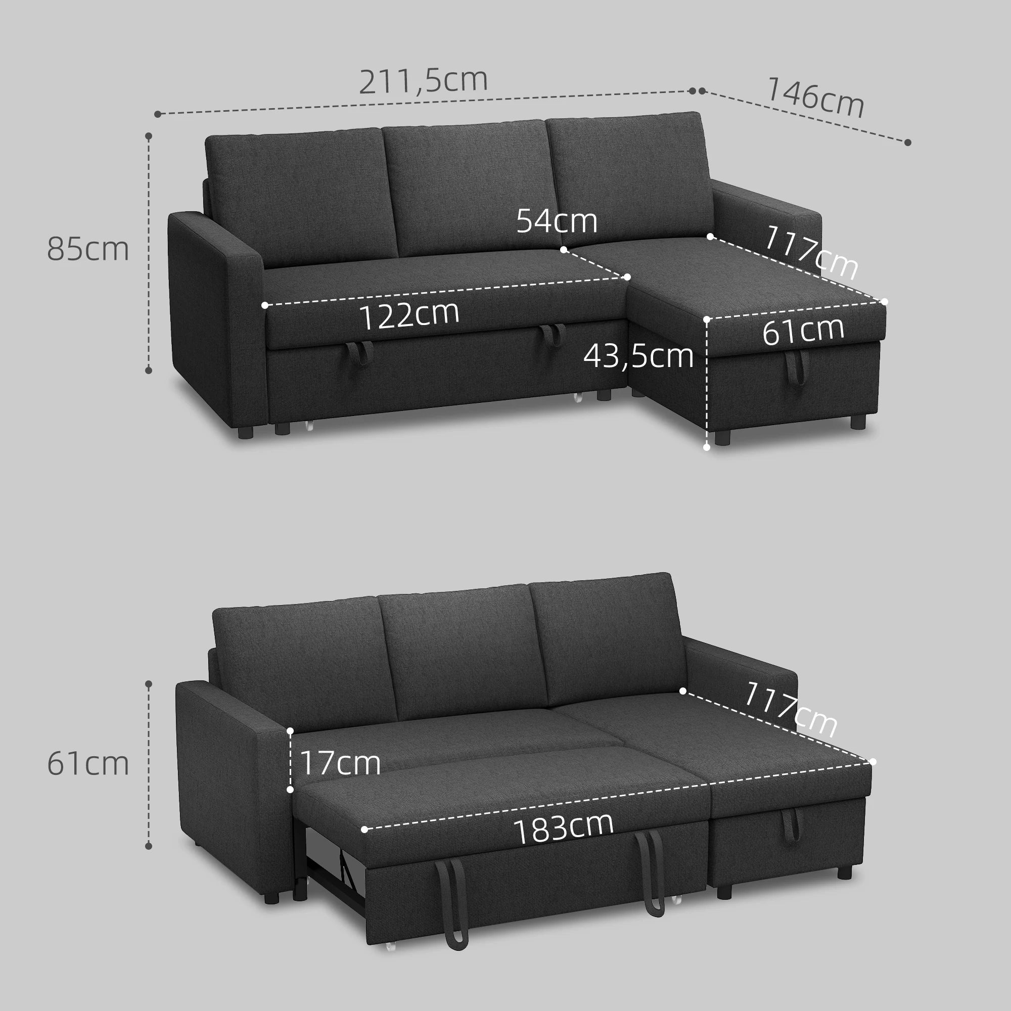HOMCOM convertible corner sofa sofa 3-seat sofa bed with reversible Meridian