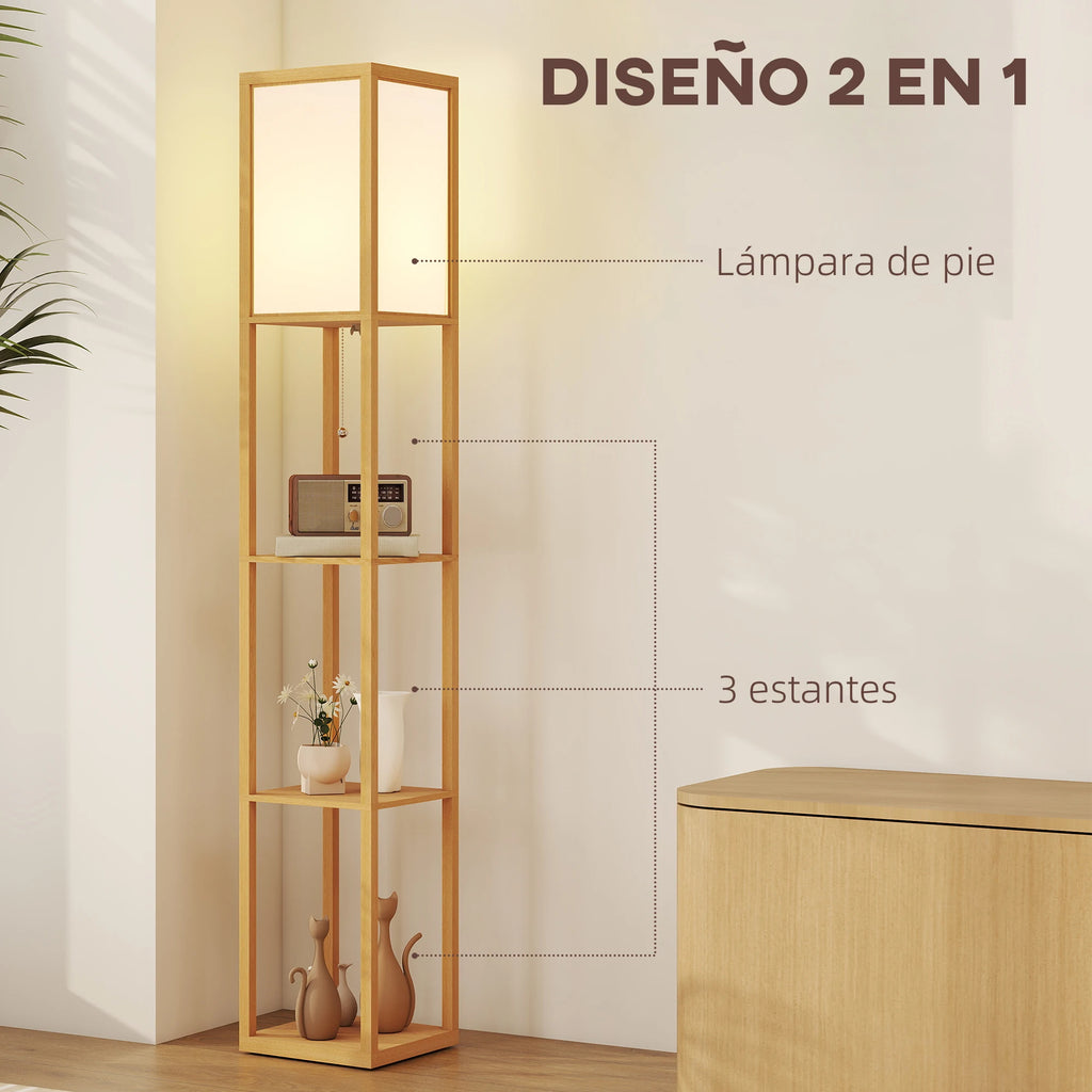 Lámpara de pie Homcom con estantes de almacenamiento, lámpara moderna de madera, bombilla E27, para sala de estar, dormitorio u oficina.