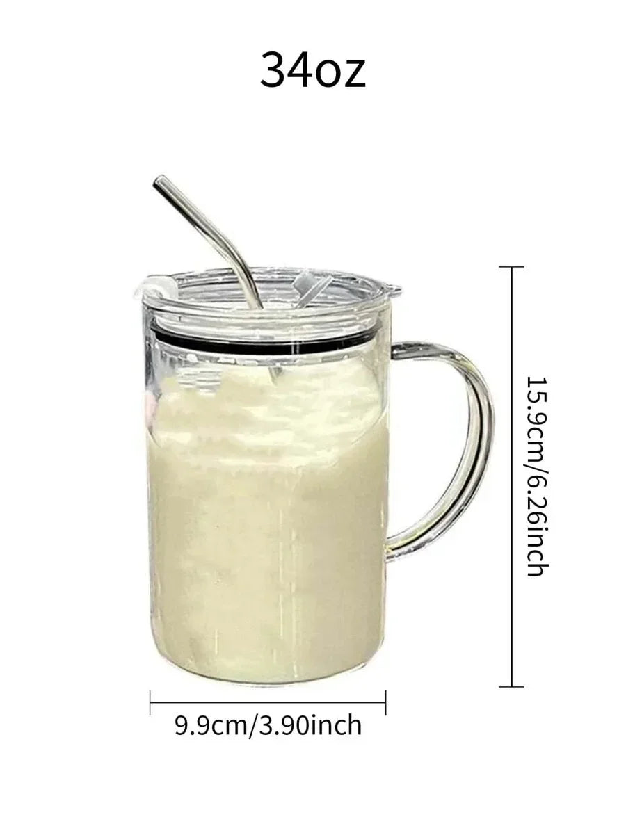 Vaso de vidrio de 1000 ml con tapa y pajita. Taza de café de vidrio transparente. Tazas para jugo, moca, leche y jugo.
