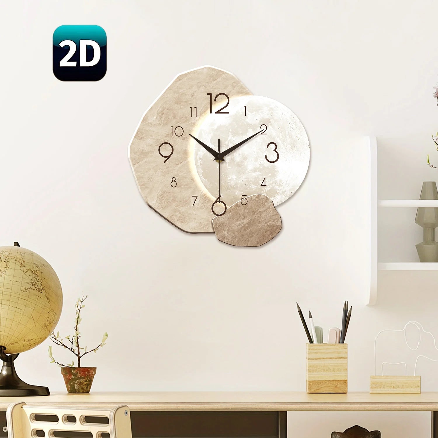 Reloj de pared moderno, sencillo y silencioso, con diseño de luna, movimiento de cuarzo y fabricado en madera, ideal para la decoración de dormitorios, salas de estar u oficinas.