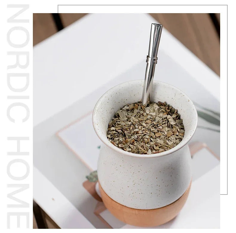 Mate   de acero inoxidable y cerámica con pajita 260 ml, cuchara y base de madera para leche, agua y té.