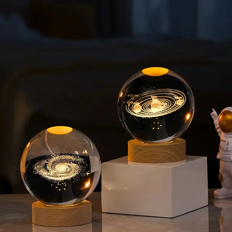 Lámpara de bola de cristal 3D con proyecciones de galaxias y planetas, luz nocturna LED USB para crear un ambiente acogedor en el hogar, decoración navideña.