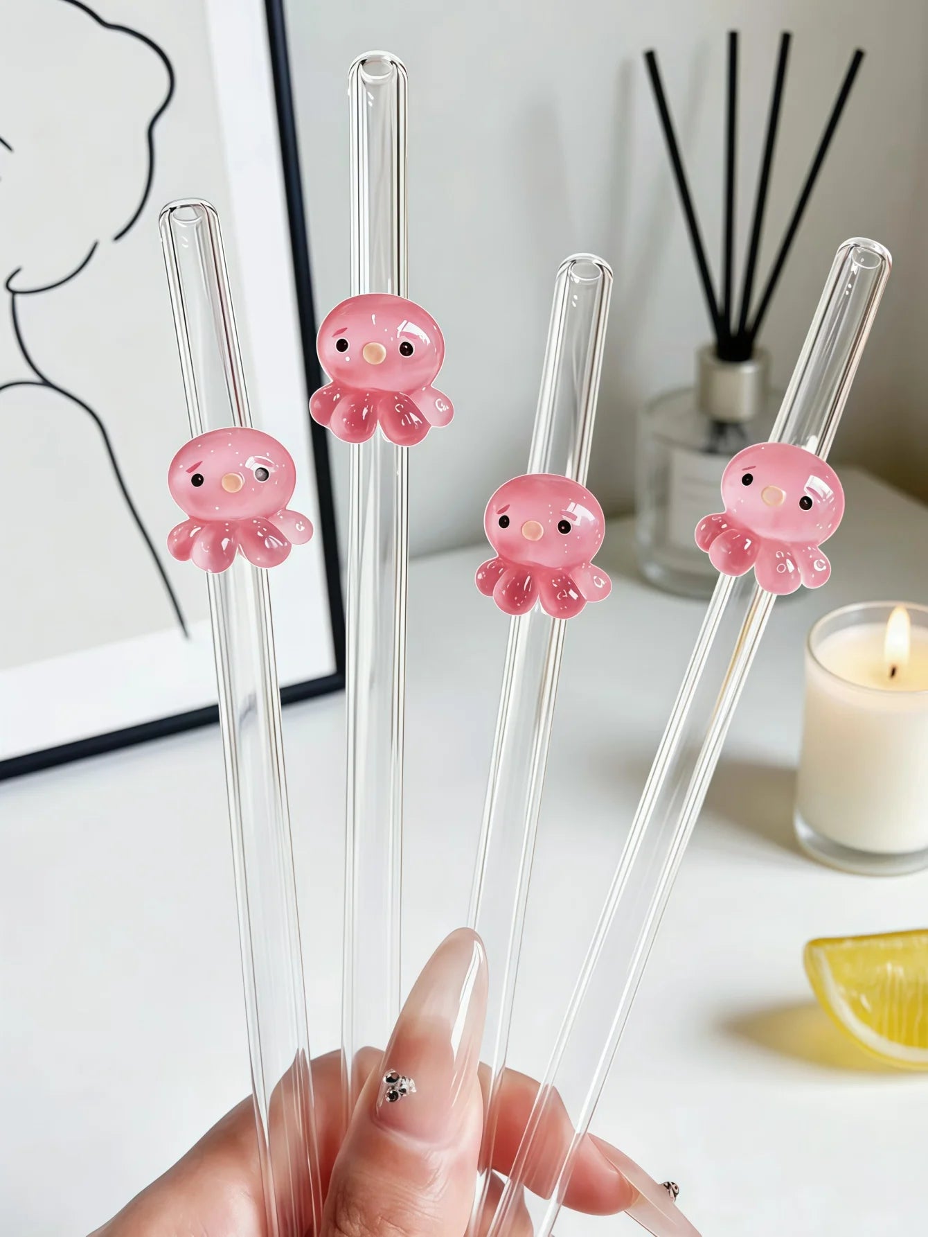 Juego de 1/2/5 pajitas de vidrio reutilizables con forma de pulpo, pajitas transparentes y flexibles para cócteles, regalo perfecto para las fiestas.